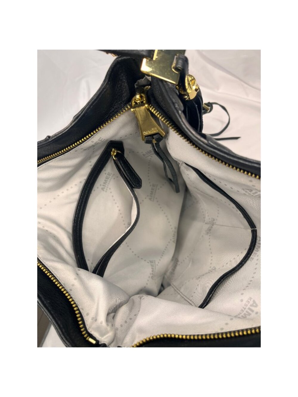Aimee Kestenberg Black Leather Suede Stripe Hobo Shoulder Bag Gold Tassel - Picture 7 of 12